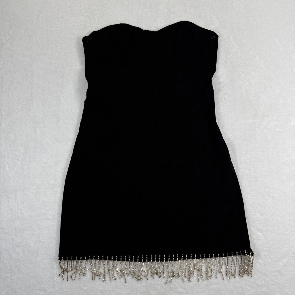 White Fox Black Strapless Rhinestone Fringe Mini Dress Sweetheart Neck Large